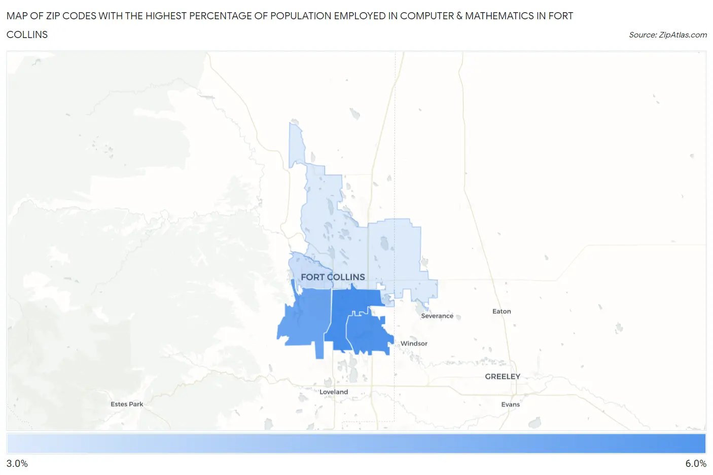Zip Codes with the Highest Percentage of Population Employed in Computer & Mathematics in Fort Collins Map