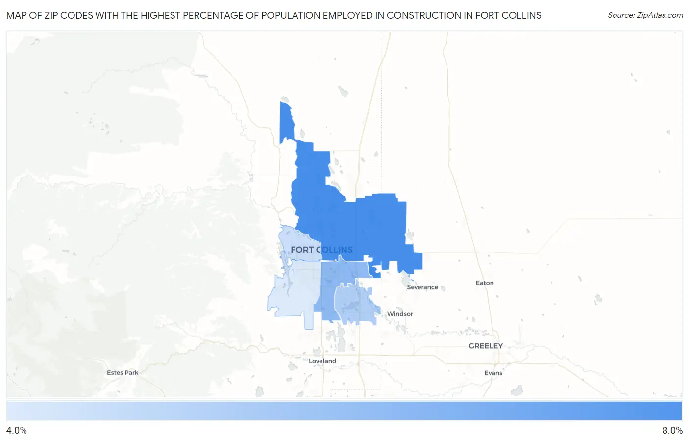 Zip Codes with the Highest Percentage of Population Employed in Construction in Fort Collins Map