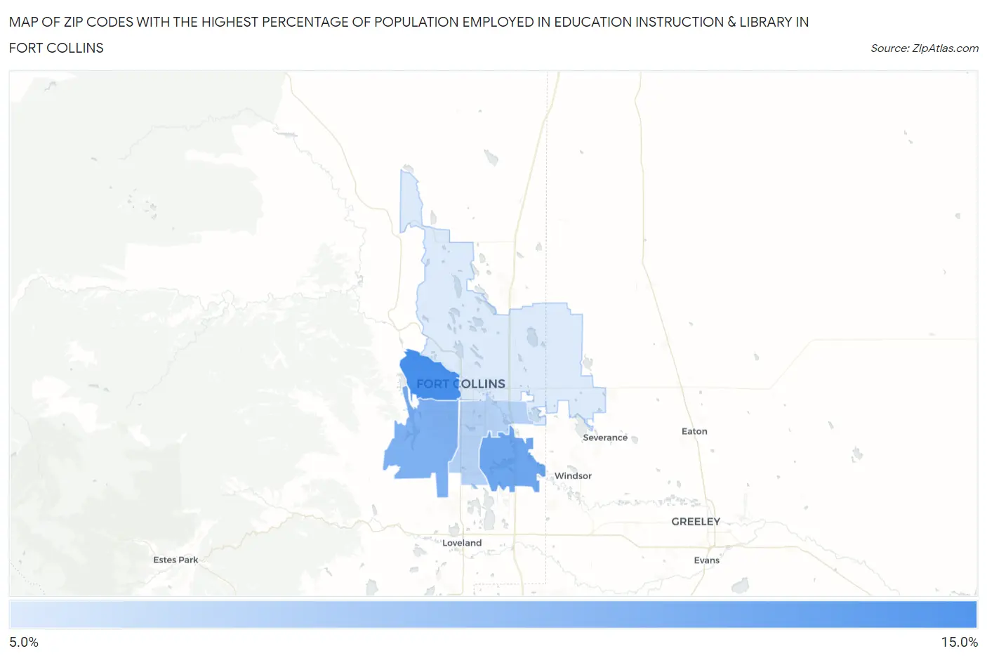 Zip Codes with the Highest Percentage of Population Employed in Education Instruction & Library in Fort Collins Map