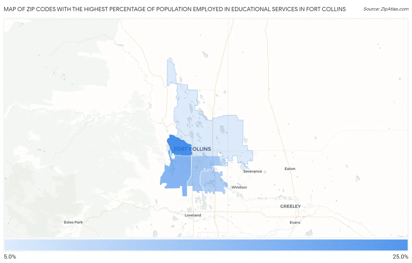 Zip Codes with the Highest Percentage of Population Employed in Educational Services in Fort Collins Map