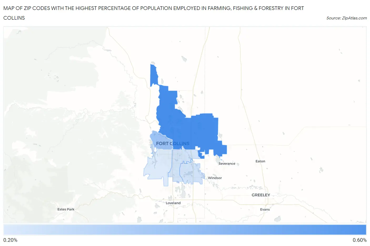 Zip Codes with the Highest Percentage of Population Employed in Farming, Fishing & Forestry in Fort Collins Map