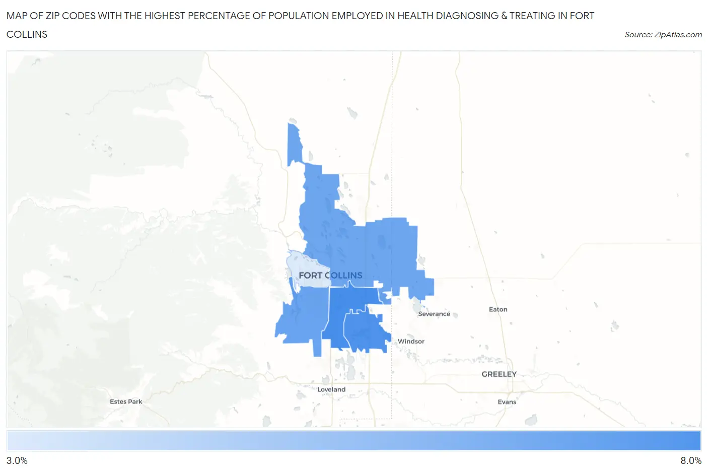 Zip Codes with the Highest Percentage of Population Employed in Health Diagnosing & Treating in Fort Collins Map