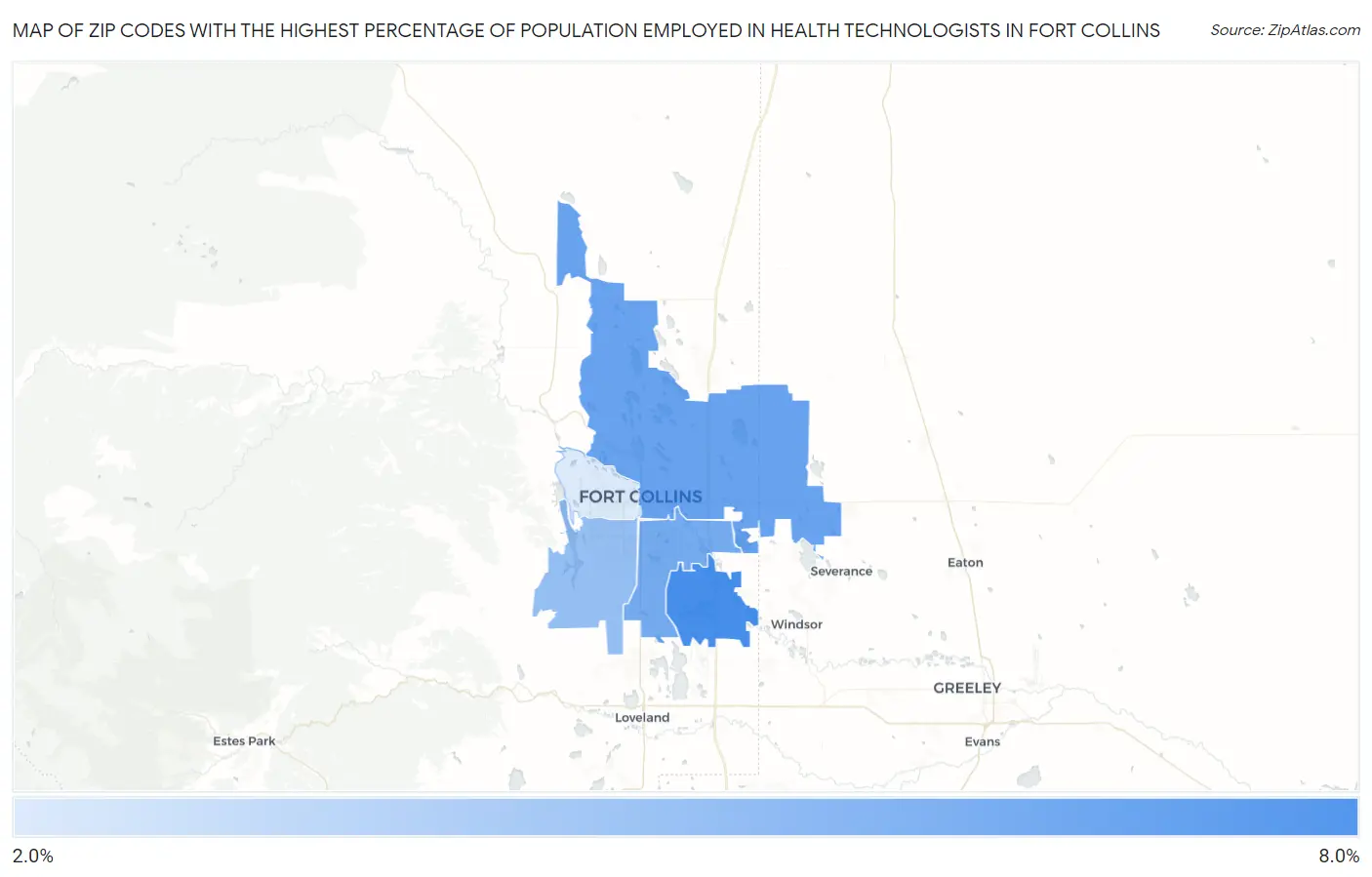 Zip Codes with the Highest Percentage of Population Employed in Health Technologists in Fort Collins Map