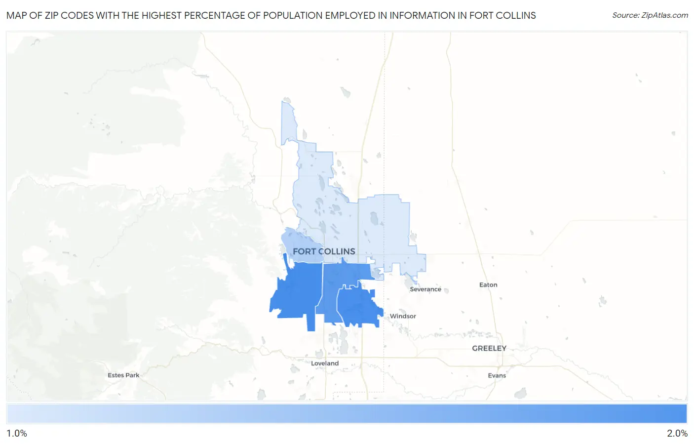 Zip Codes with the Highest Percentage of Population Employed in Information in Fort Collins Map