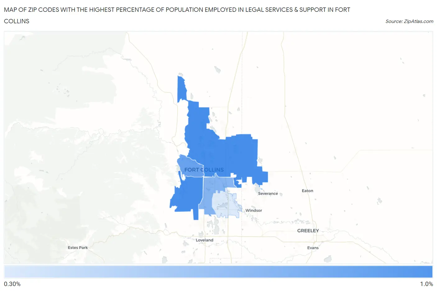 Zip Codes with the Highest Percentage of Population Employed in Legal Services & Support in Fort Collins Map