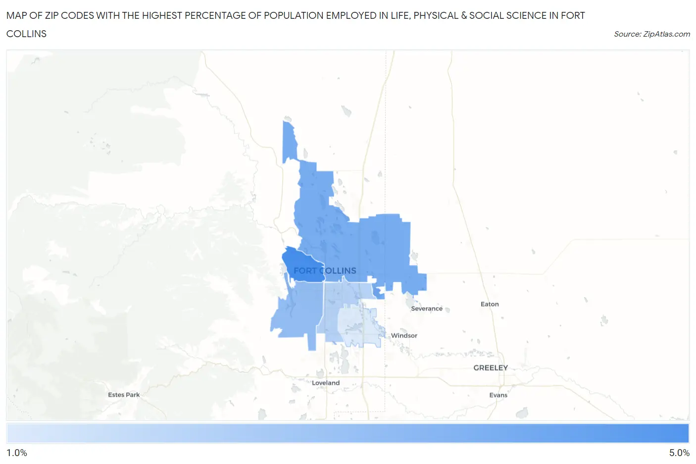 Zip Codes with the Highest Percentage of Population Employed in Life, Physical & Social Science in Fort Collins Map