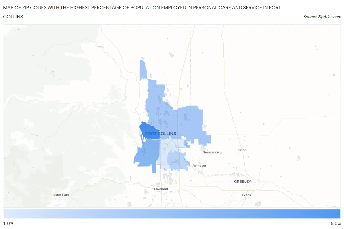 Zip Codes with the Highest Percentage of Population Employed in Personal Care and Service in Fort Collins Map