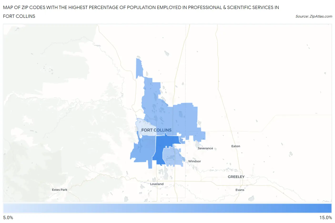 Zip Codes with the Highest Percentage of Population Employed in Professional & Scientific Services in Fort Collins Map