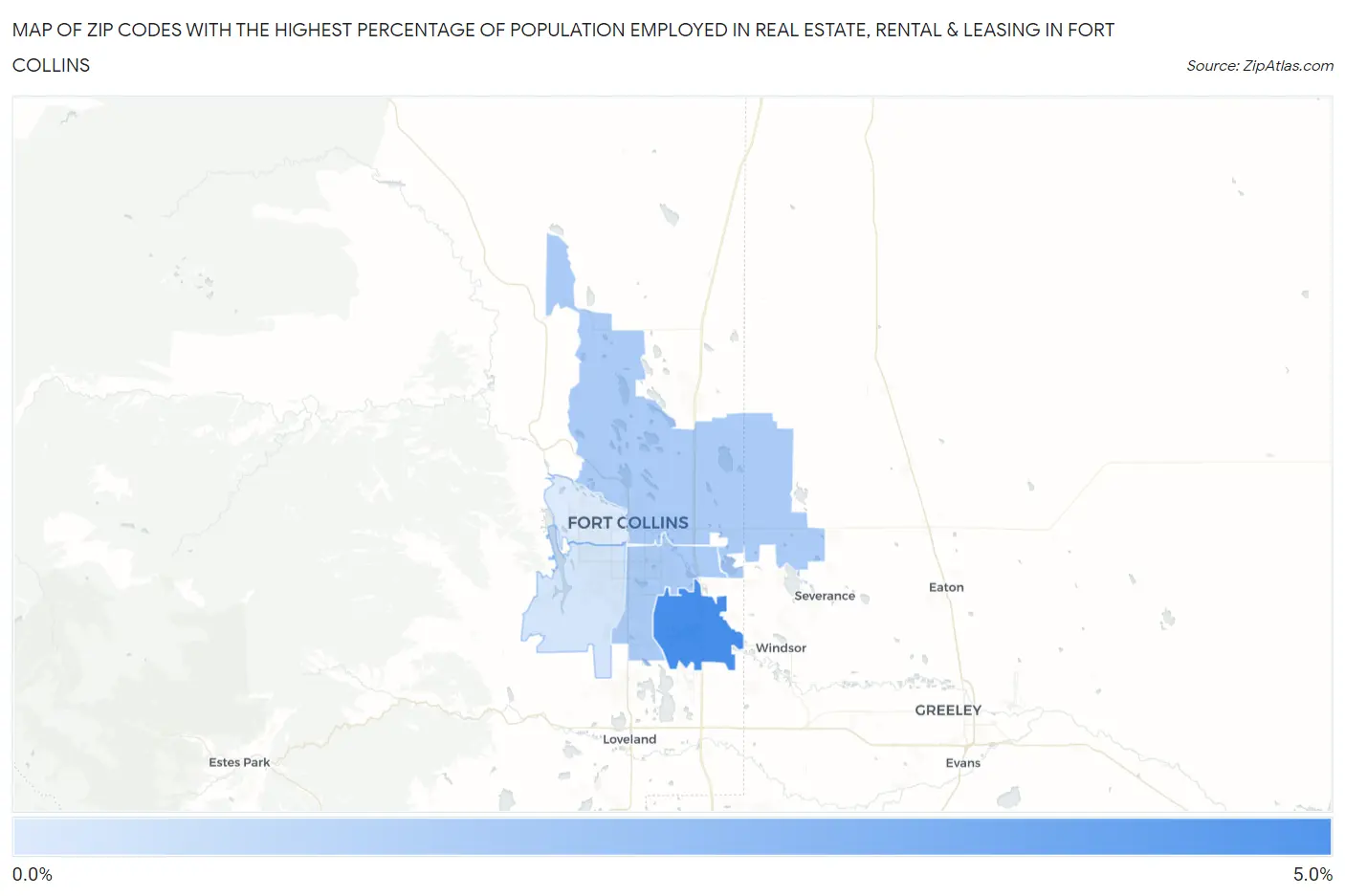 Zip Codes with the Highest Percentage of Population Employed in Real Estate, Rental & Leasing in Fort Collins Map