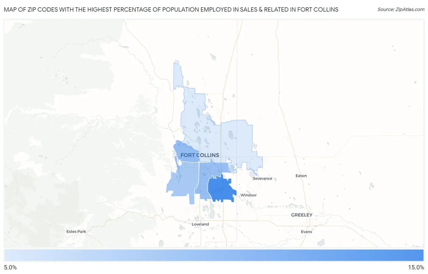 Zip Codes with the Highest Percentage of Population Employed in Sales & Related in Fort Collins Map