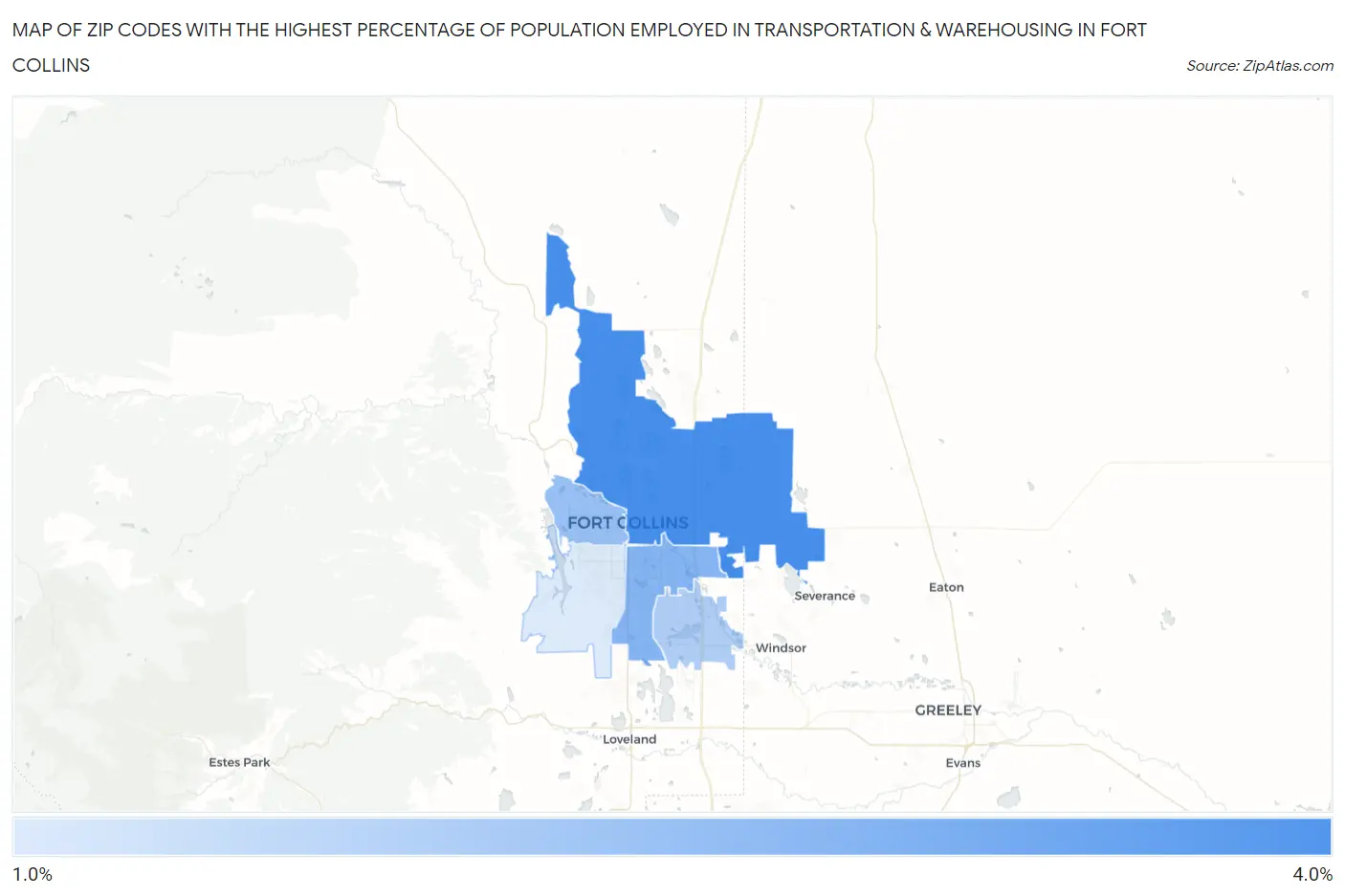 Zip Codes with the Highest Percentage of Population Employed in Transportation & Warehousing in Fort Collins Map