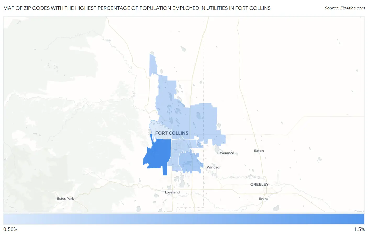 Zip Codes with the Highest Percentage of Population Employed in Utilities in Fort Collins Map
