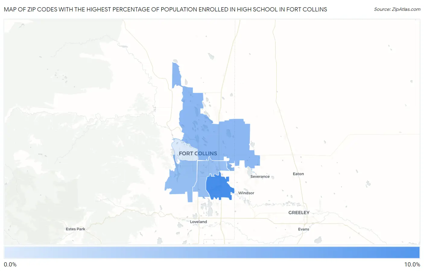 Zip Codes with the Highest Percentage of Population Enrolled in High School in Fort Collins Map