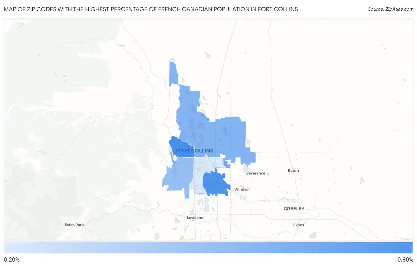 Zip Codes with the Highest Percentage of French Canadian Population in Fort Collins Map