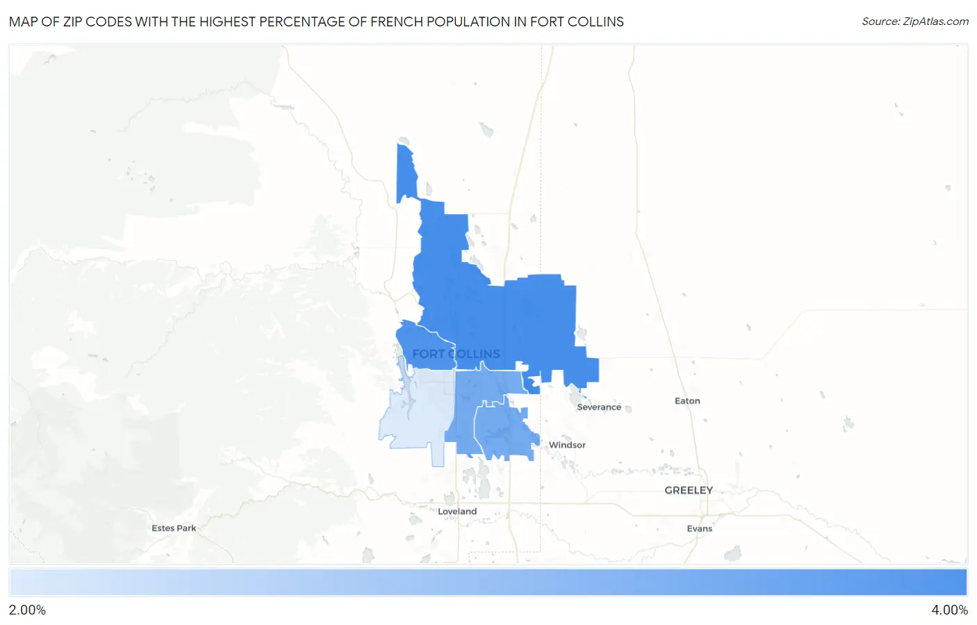Zip Codes with the Highest Percentage of French Population in Fort Collins Map