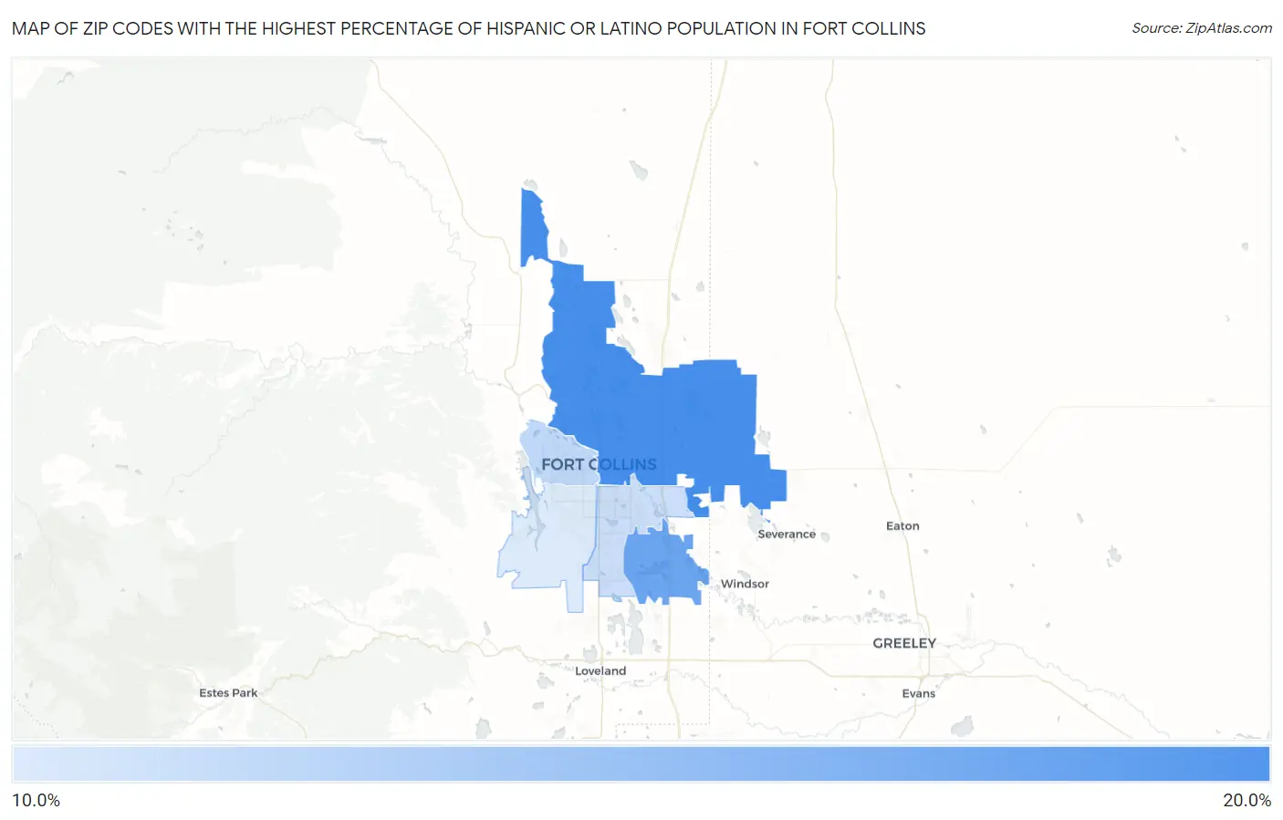 Zip Codes with the Highest Percentage of Hispanic or Latino Population in Fort Collins Map