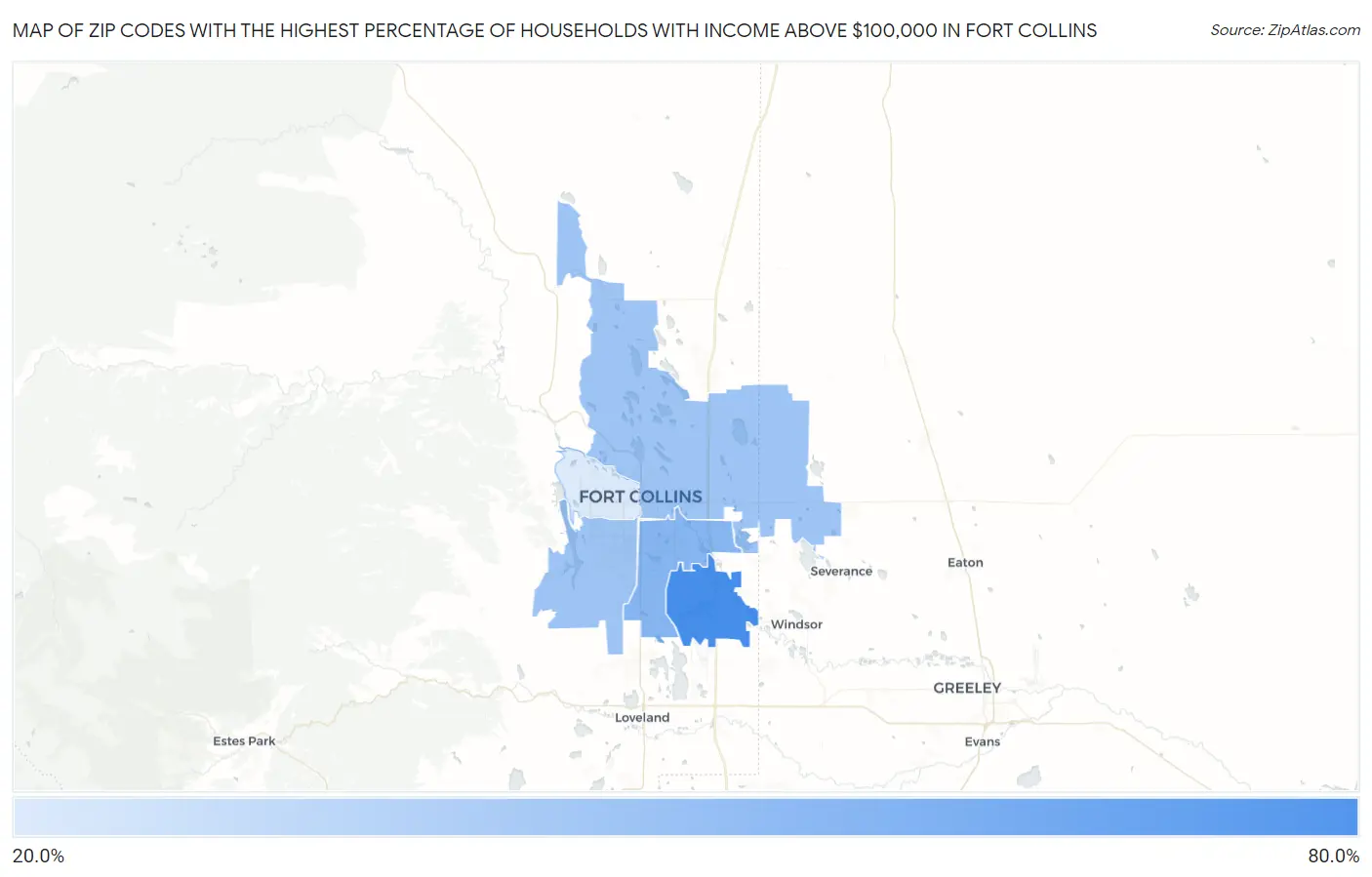 Zip Codes with the Highest Percentage of Households with Income Above $100,000 in Fort Collins Map