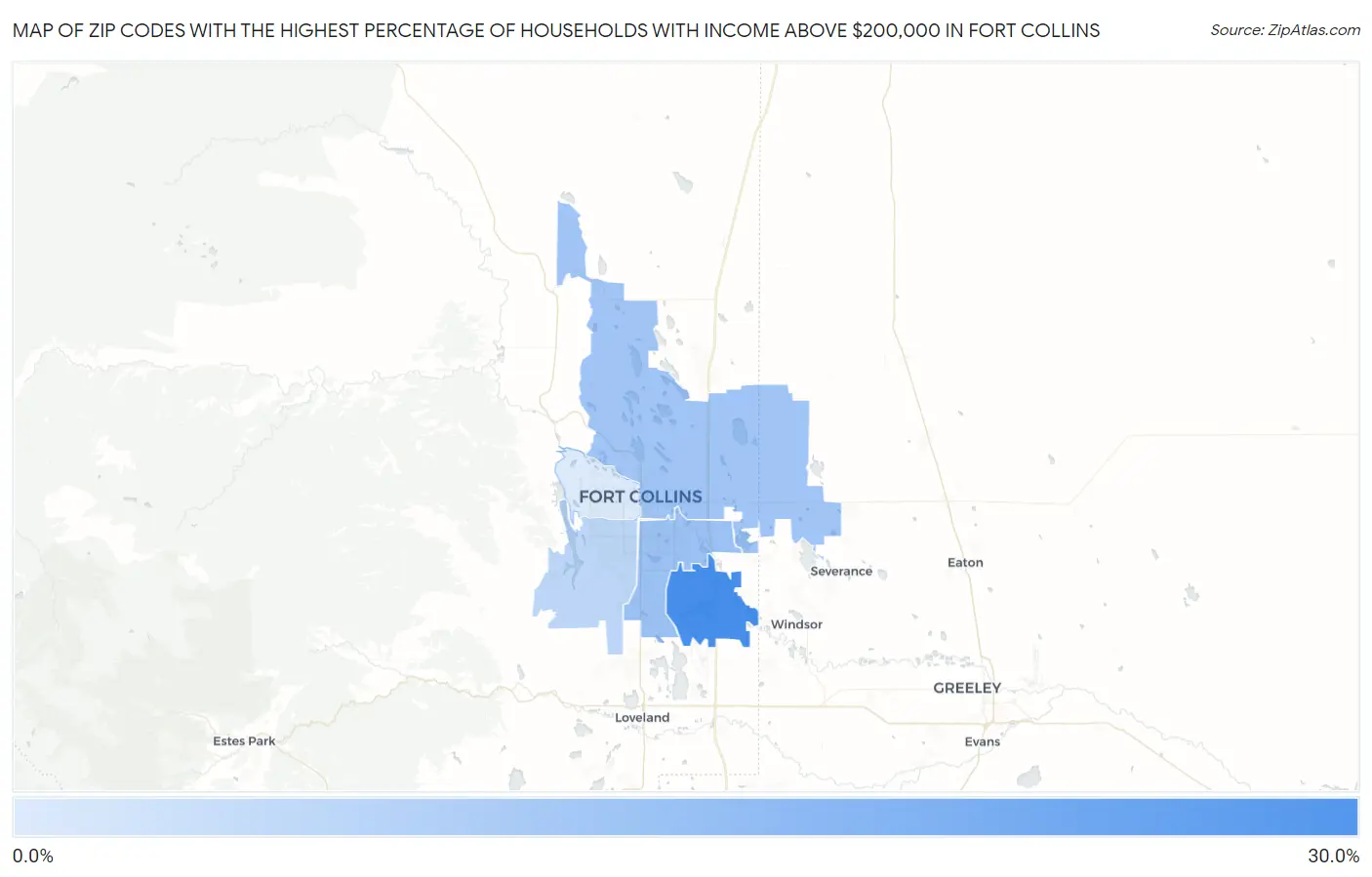 Zip Codes with the Highest Percentage of Households with Income Above $200,000 in Fort Collins Map
