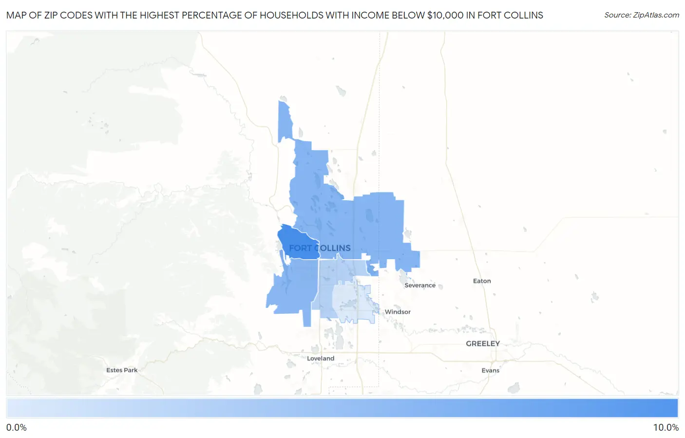 Zip Codes with the Highest Percentage of Households with Income Below $10,000 in Fort Collins Map