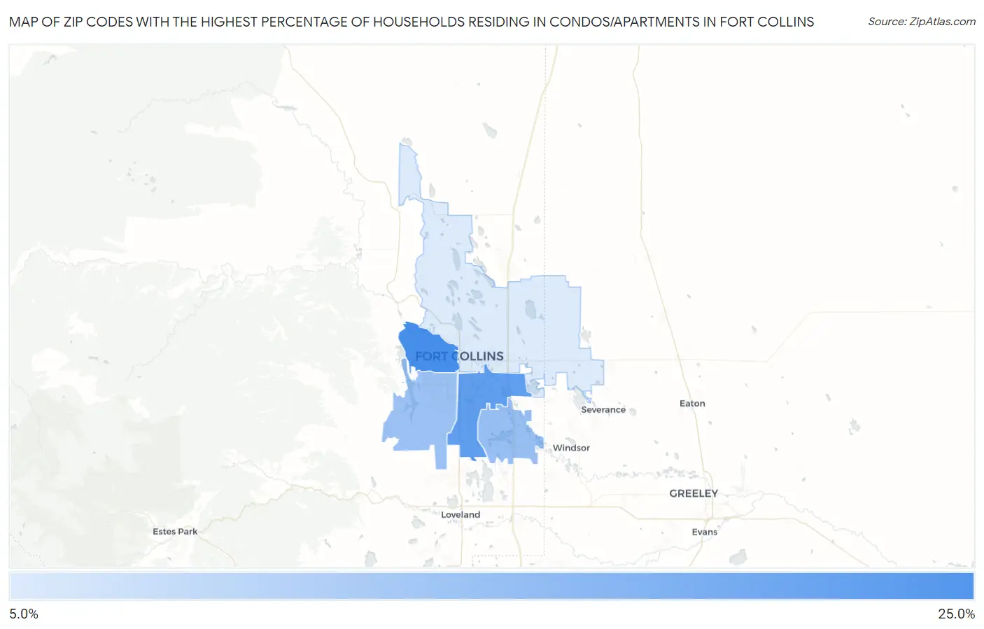 Zip Codes with the Highest Percentage of Households Residing in Condos/Apartments in Fort Collins Map