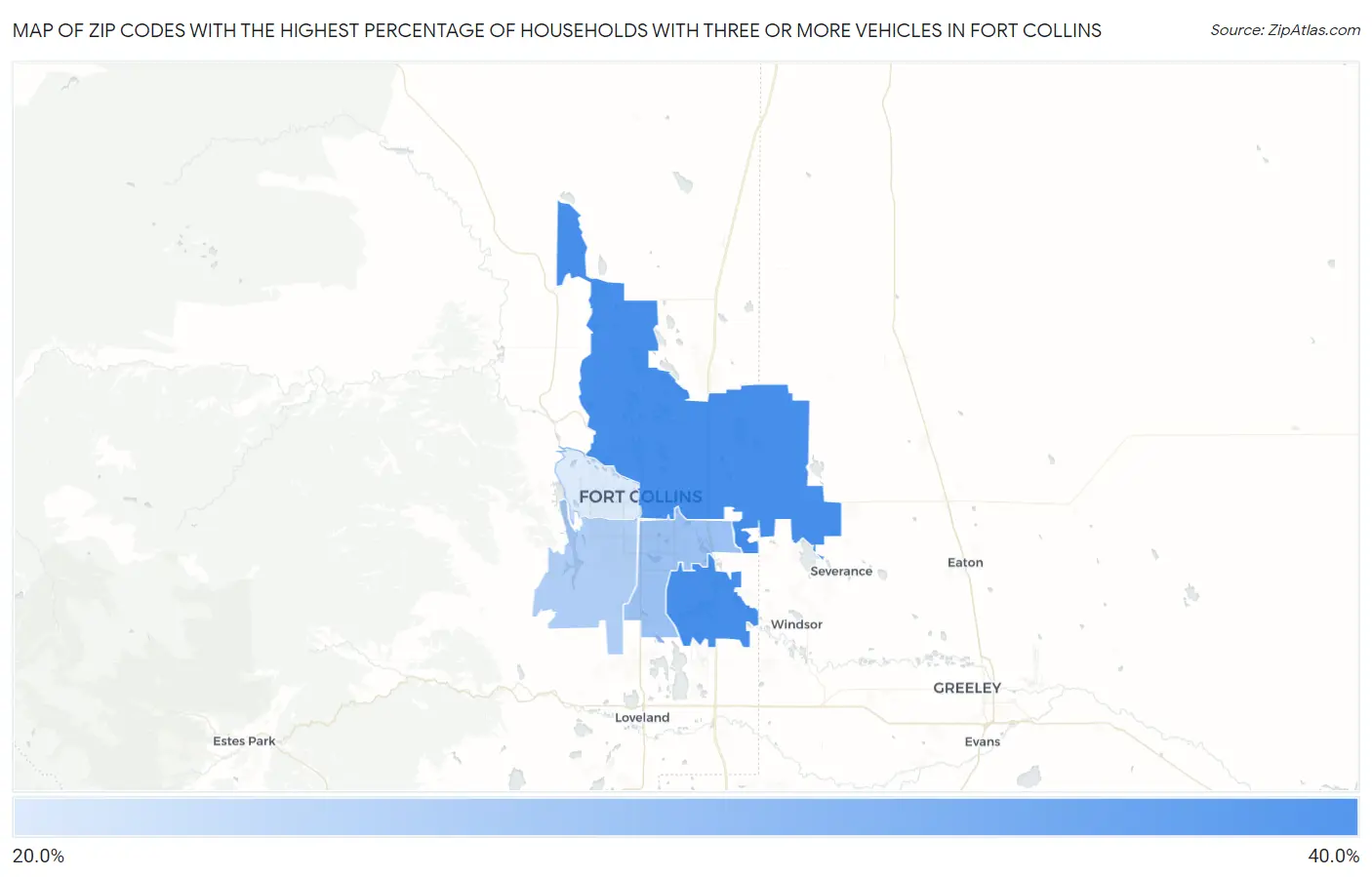 Zip Codes with the Highest Percentage of Households With Three or more Vehicles in Fort Collins Map