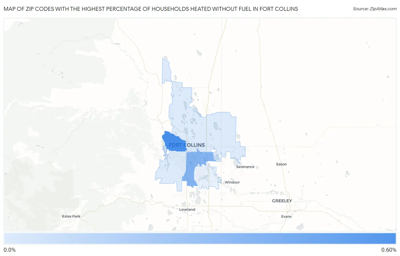 Zip Codes with the Highest Percentage of Households Heated without Fuel in Fort Collins Map