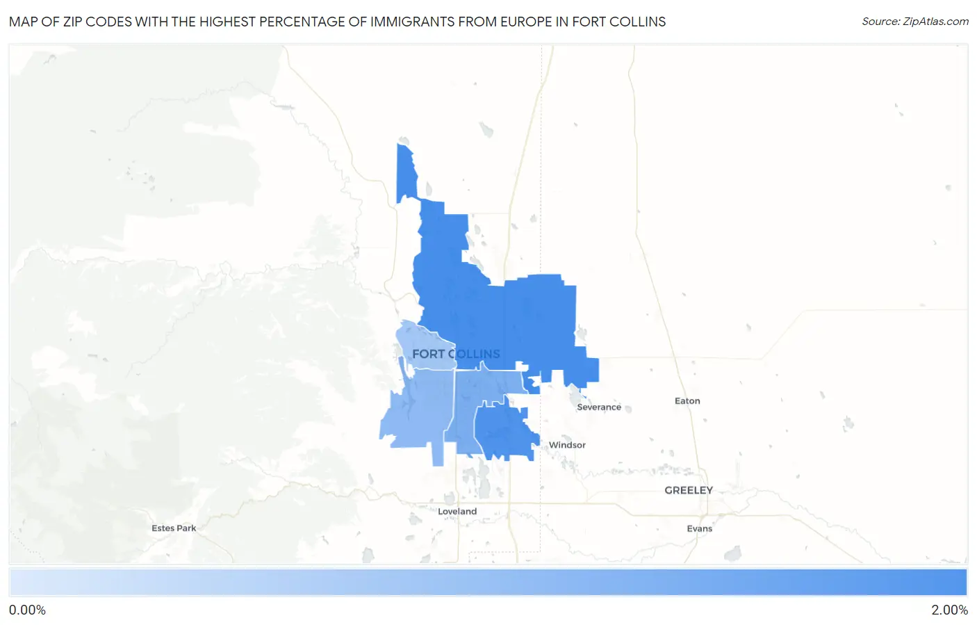 Zip Codes with the Highest Percentage of Immigrants from Europe in Fort Collins Map