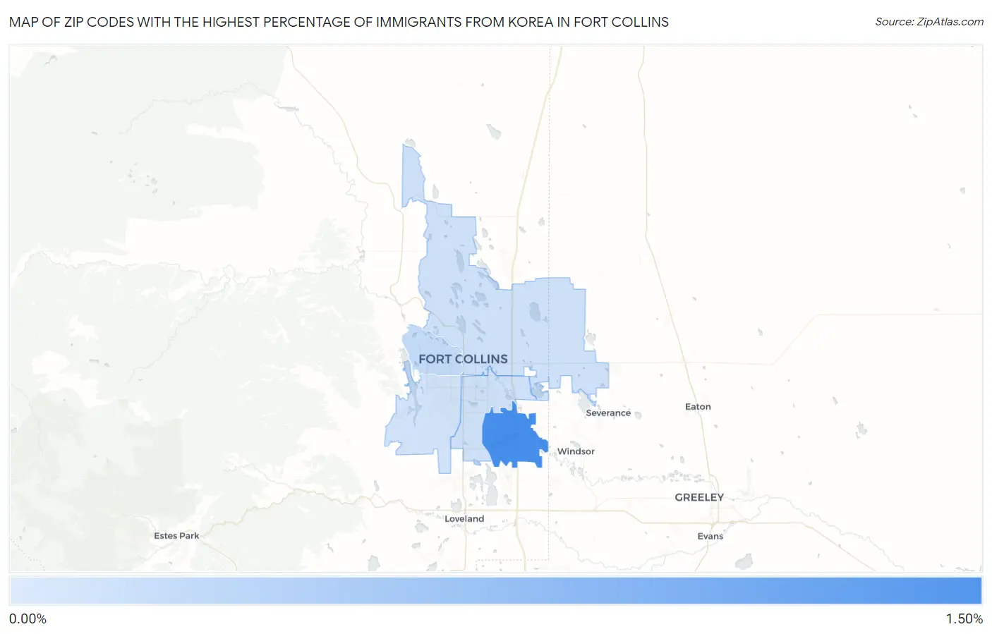 Zip Codes with the Highest Percentage of Immigrants from Korea in Fort Collins Map
