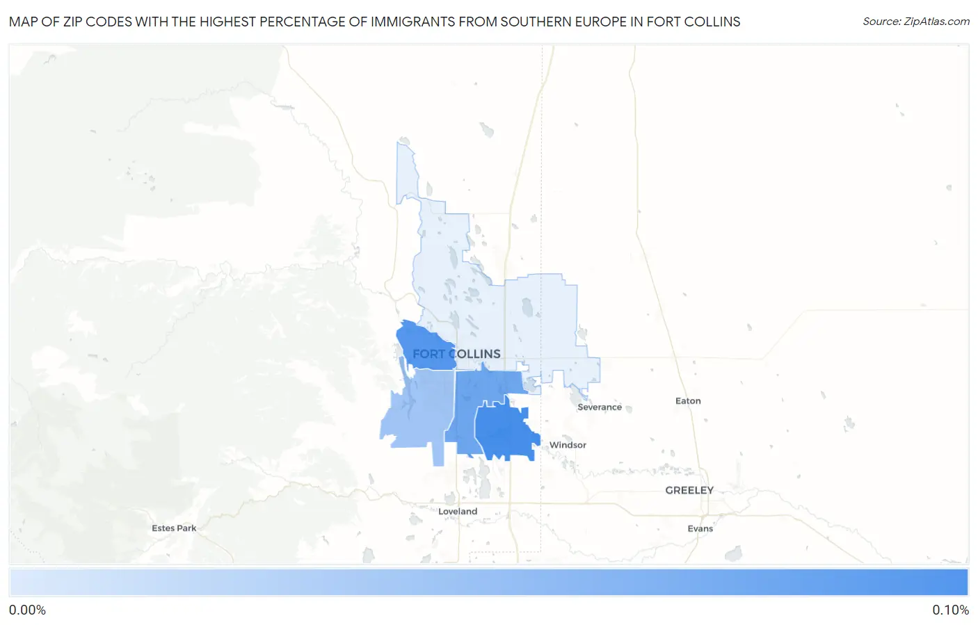 Zip Codes with the Highest Percentage of Immigrants from Southern Europe in Fort Collins Map