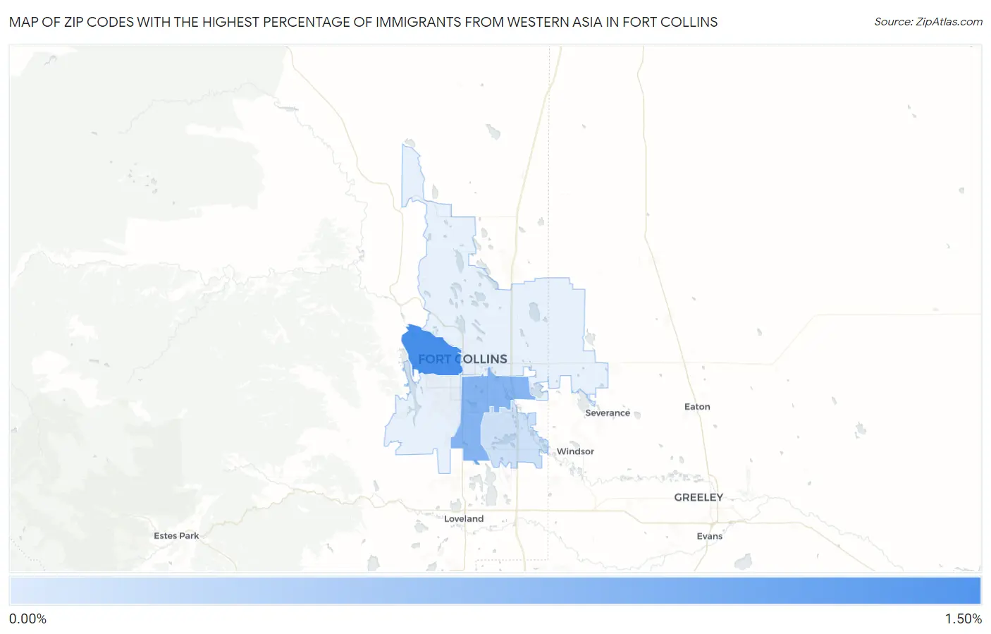 Zip Codes with the Highest Percentage of Immigrants from Western Asia in Fort Collins Map