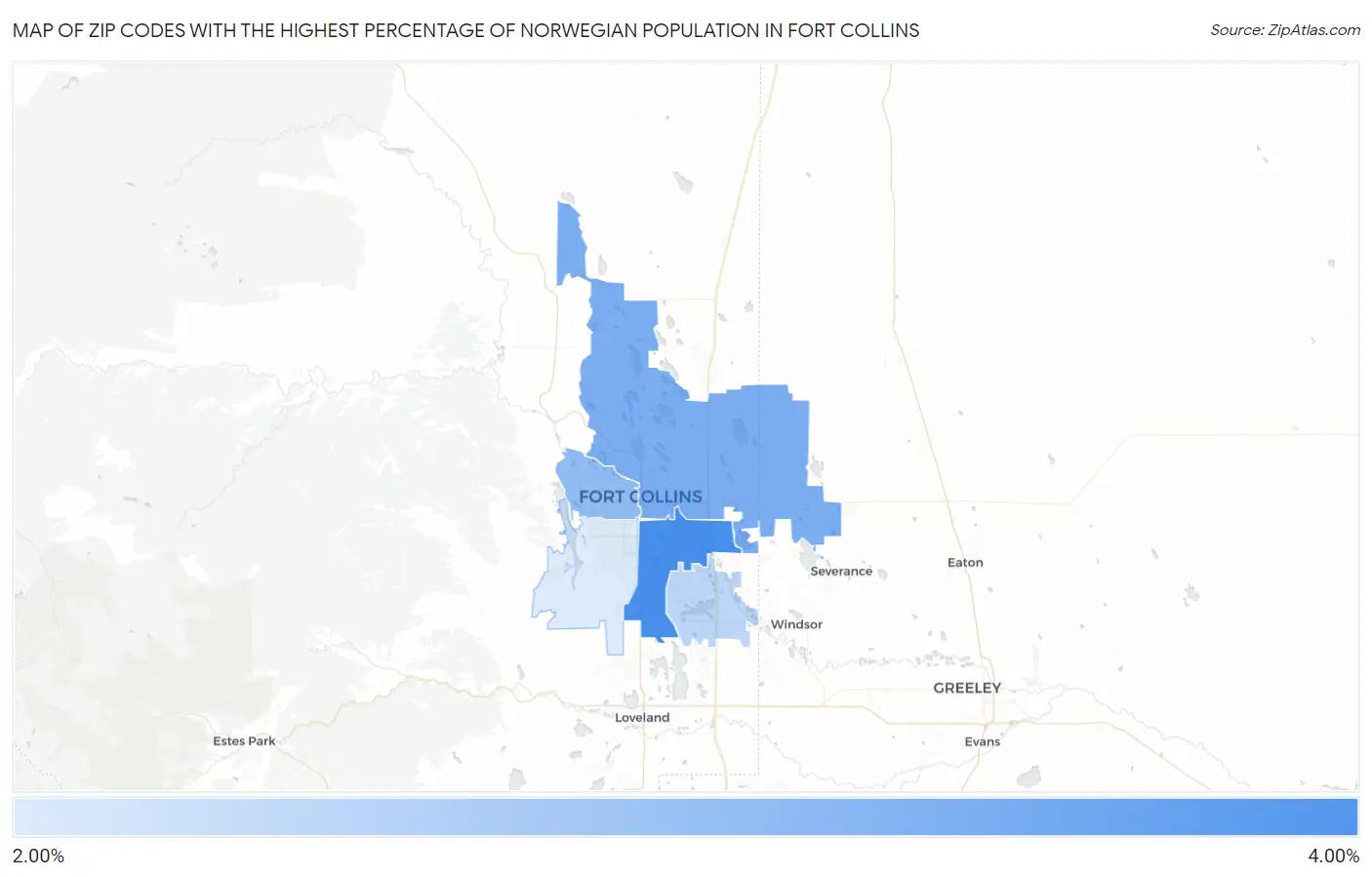 Zip Codes with the Highest Percentage of Norwegian Population in Fort Collins Map