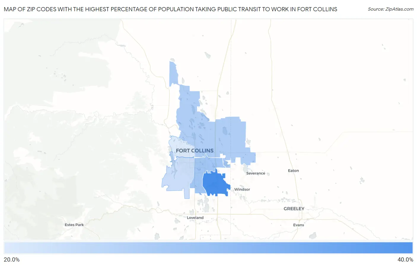 Zip Codes with the Highest Percentage of Population Taking Public Transit to Work in Fort Collins Map