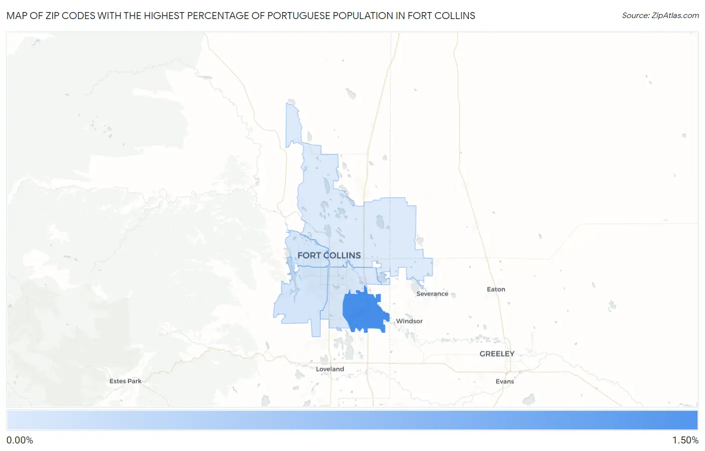 Zip Codes with the Highest Percentage of Portuguese Population in Fort Collins Map
