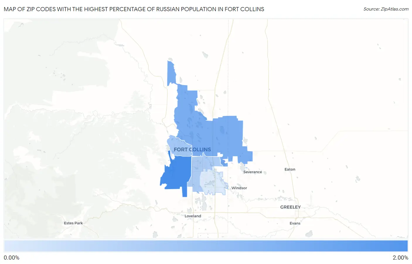 Zip Codes with the Highest Percentage of Russian Population in Fort Collins Map