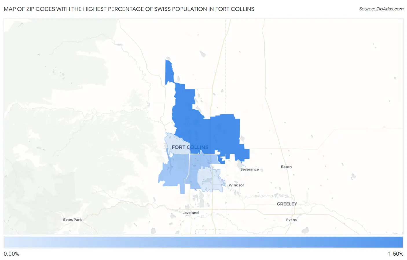 Zip Codes with the Highest Percentage of Swiss Population in Fort Collins Map