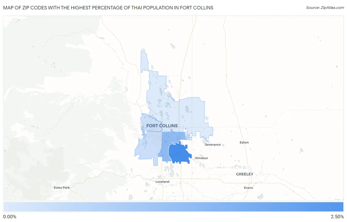 Zip Codes with the Highest Percentage of Thai Population in Fort Collins Map