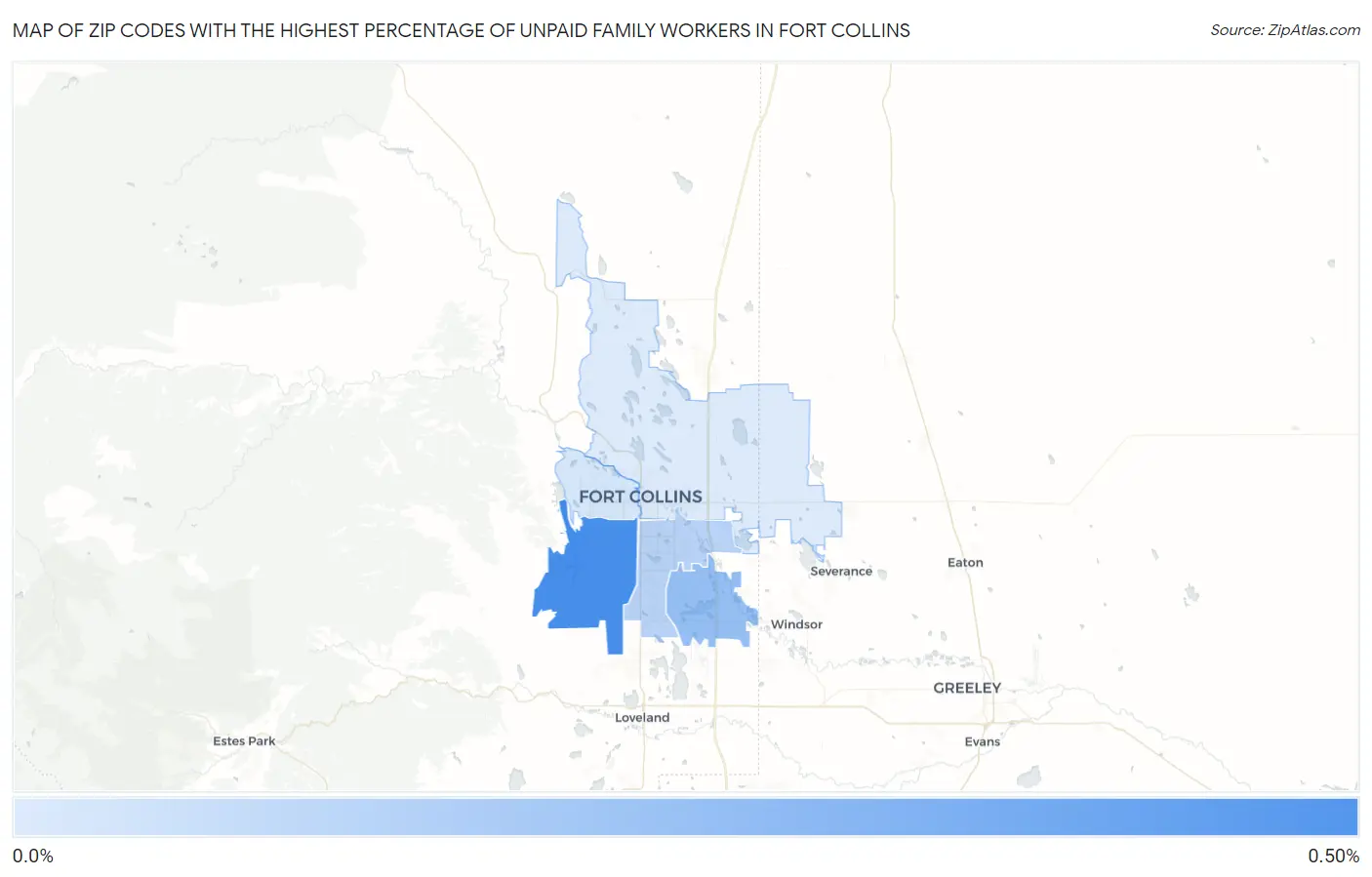 Zip Codes with the Highest Percentage of Unpaid Family Workers in Fort Collins Map