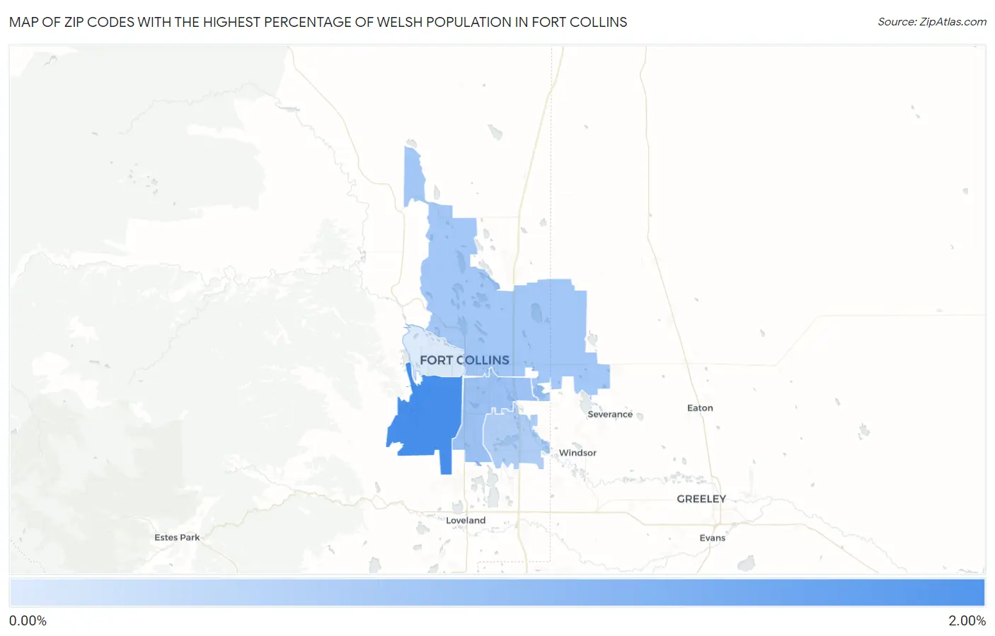 Zip Codes with the Highest Percentage of Welsh Population in Fort Collins Map