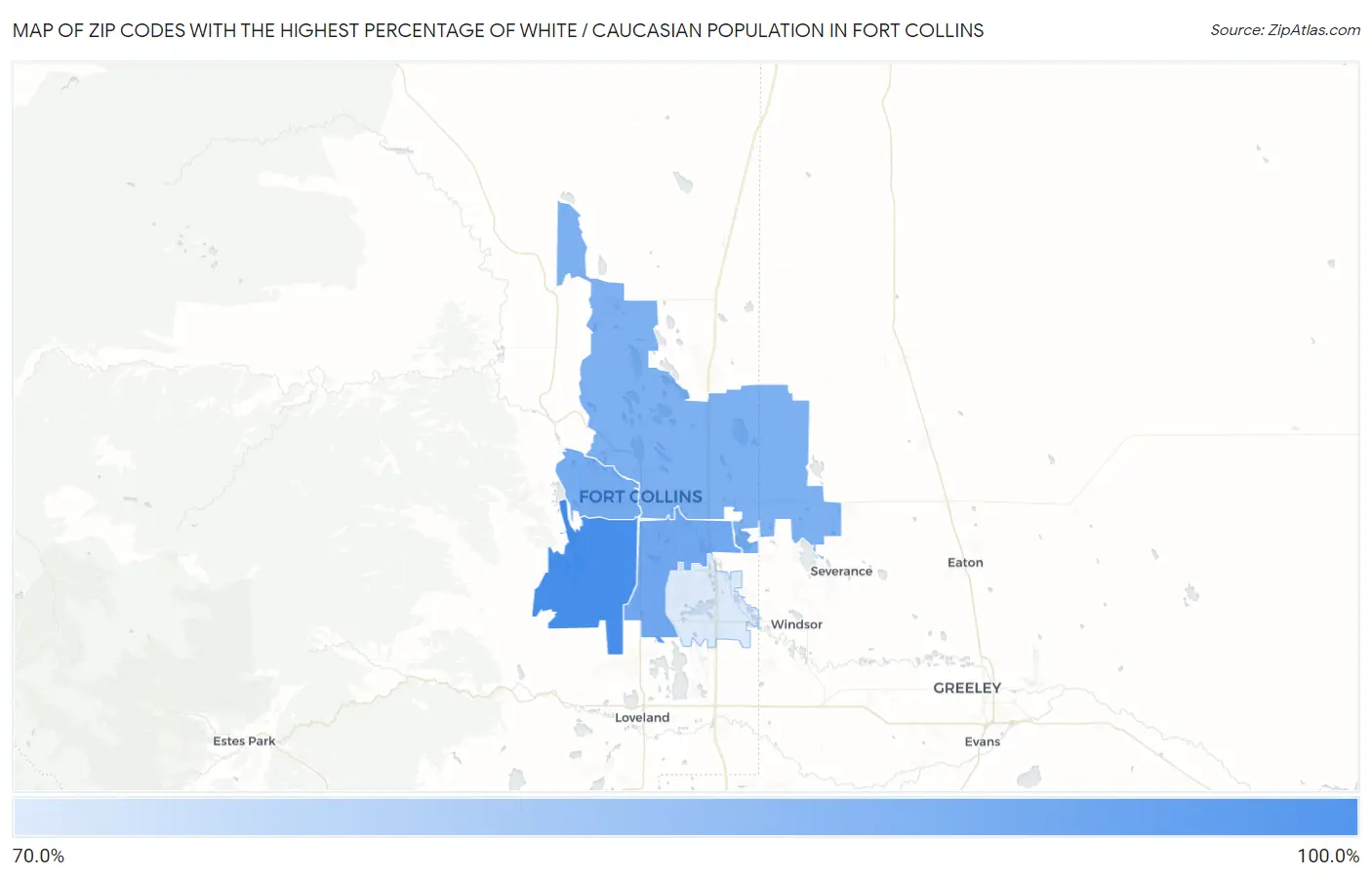 Zip Codes with the Highest Percentage of White / Caucasian Population in Fort Collins Map