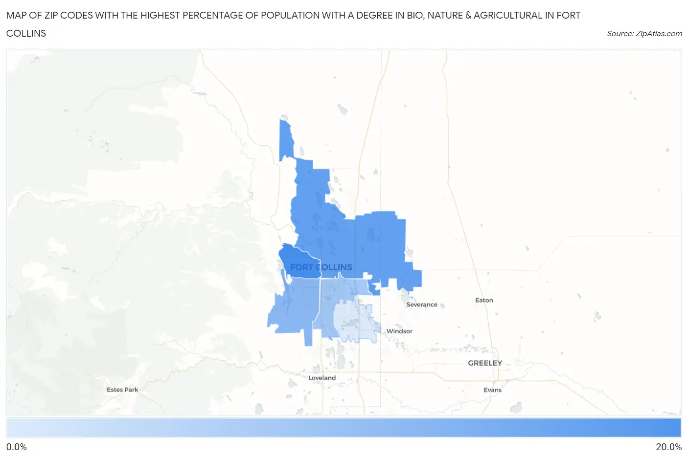 Zip Codes with the Highest Percentage of Population with a Degree in Bio, Nature & Agricultural in Fort Collins Map