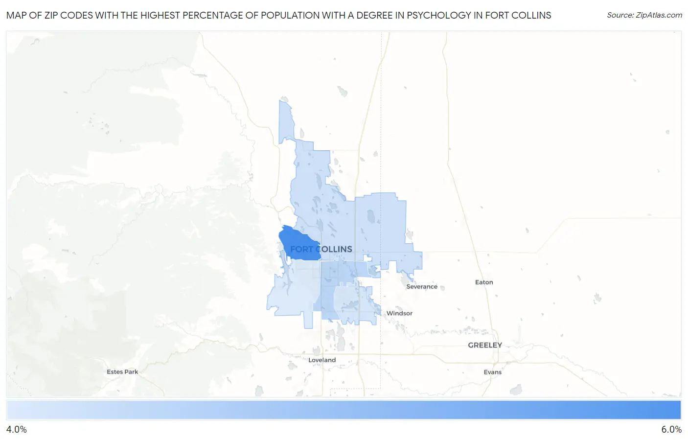 Zip Codes with the Highest Percentage of Population with a Degree in Psychology in Fort Collins Map