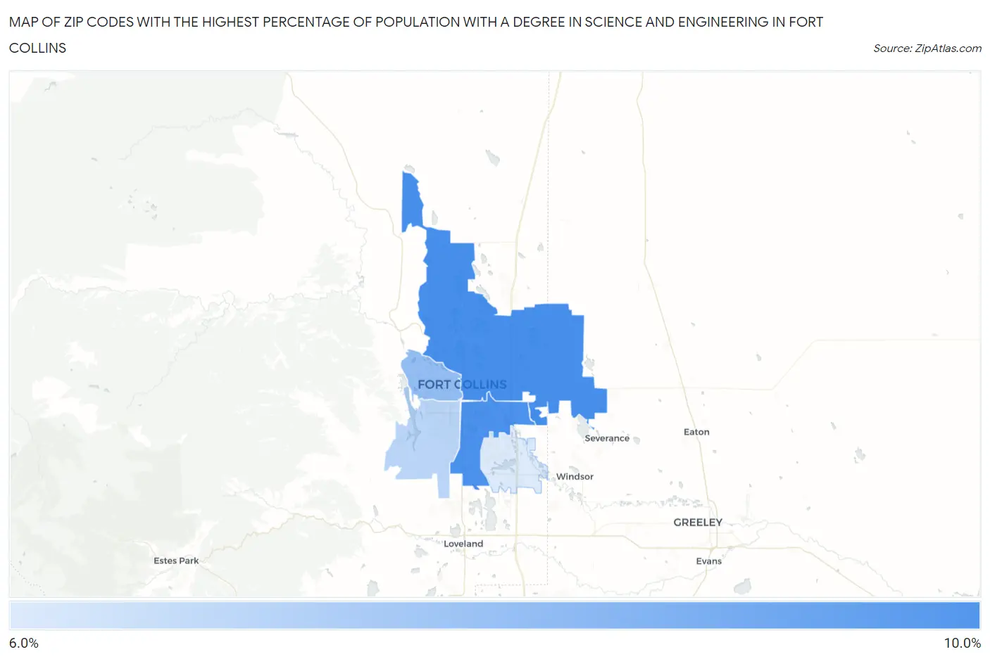 Zip Codes with the Highest Percentage of Population with a Degree in Science and Engineering in Fort Collins Map