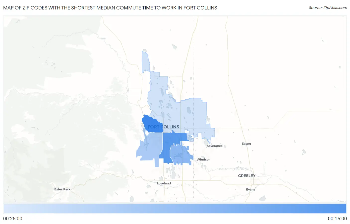 Zip Codes with the Shortest Median Commute Time to Work in Fort Collins Map