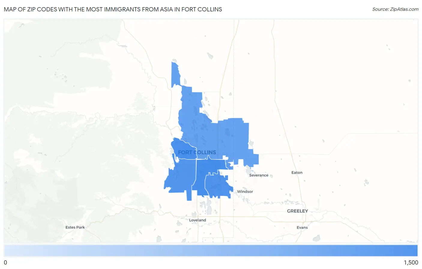 Zip Codes with the Most Immigrants from Asia in Fort Collins Map