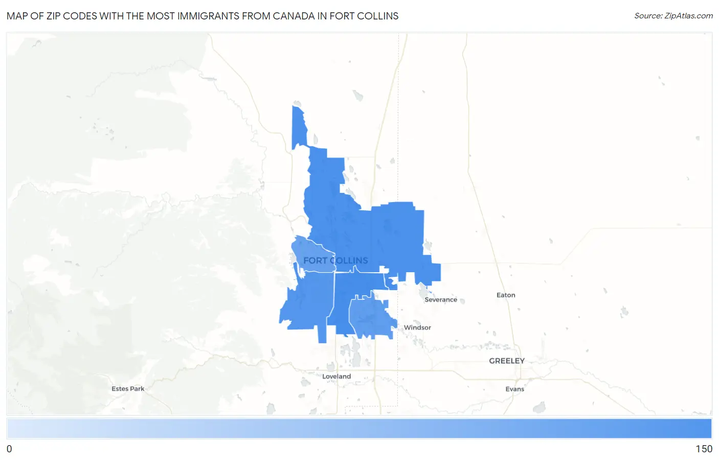 Zip Codes with the Most Immigrants from Canada in Fort Collins Map