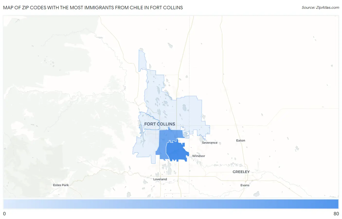 Zip Codes with the Most Immigrants from Chile in Fort Collins Map
