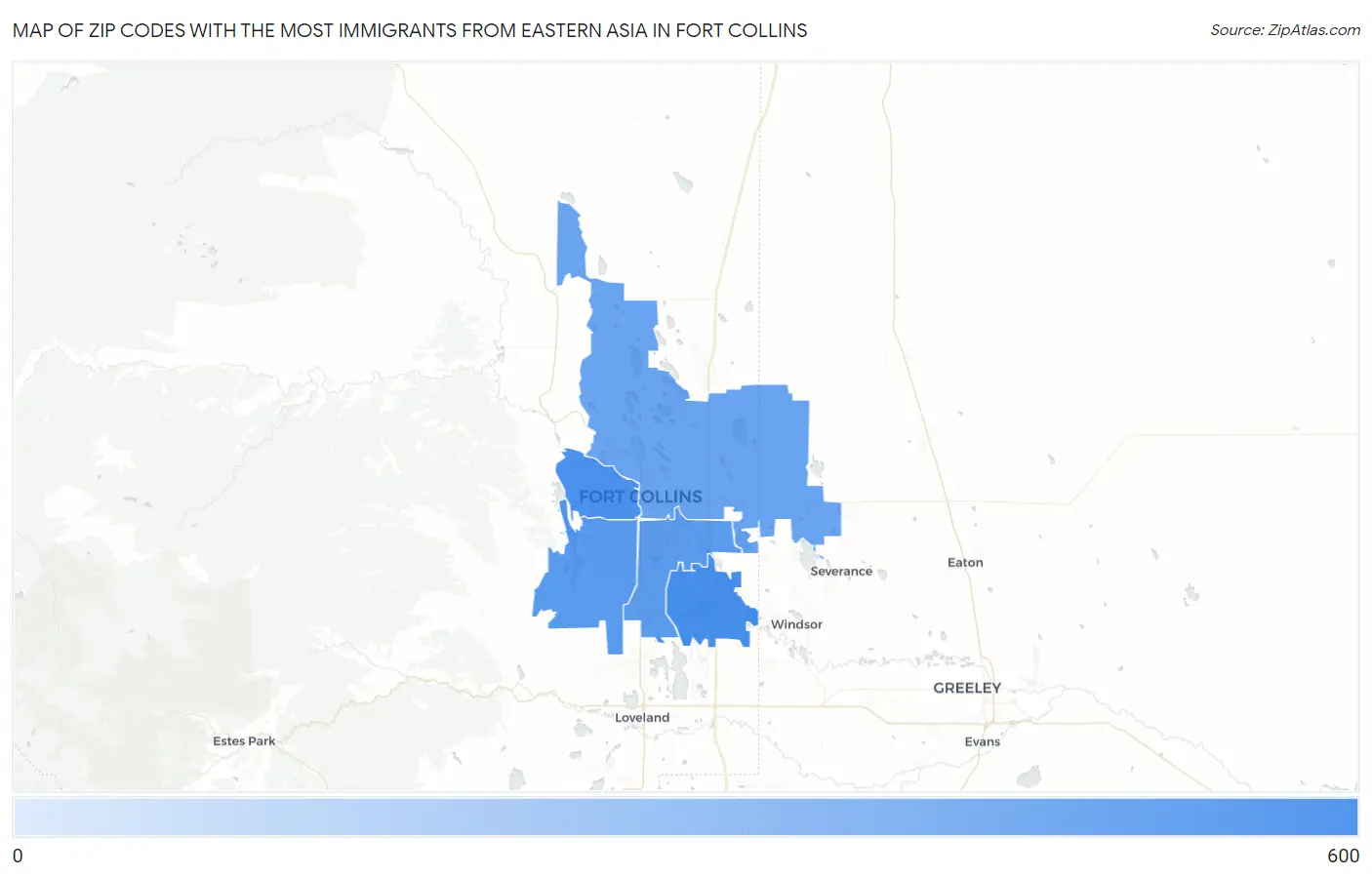 Zip Codes with the Most Immigrants from Eastern Asia in Fort Collins Map