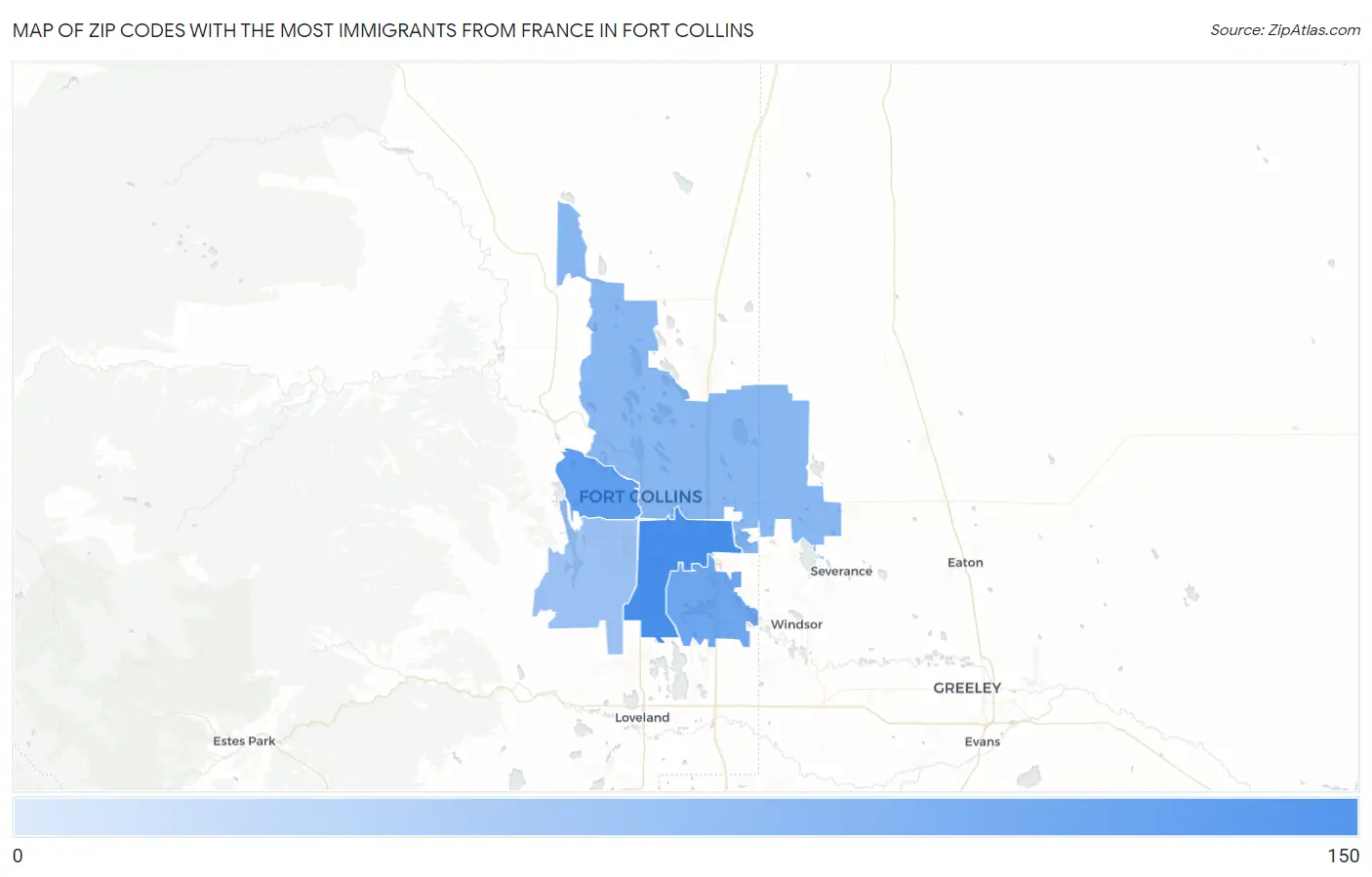 Zip Codes with the Most Immigrants from France in Fort Collins Map