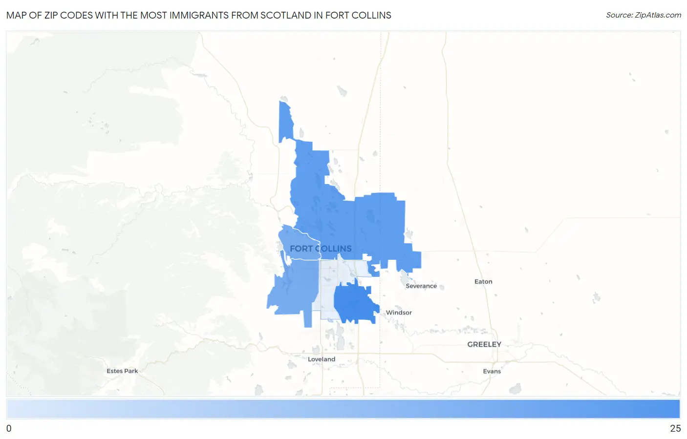 Zip Codes with the Most Immigrants from Scotland in Fort Collins Map