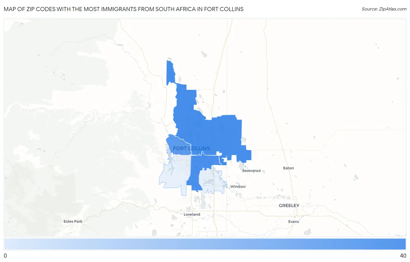 Zip Codes with the Most Immigrants from South Africa in Fort Collins Map